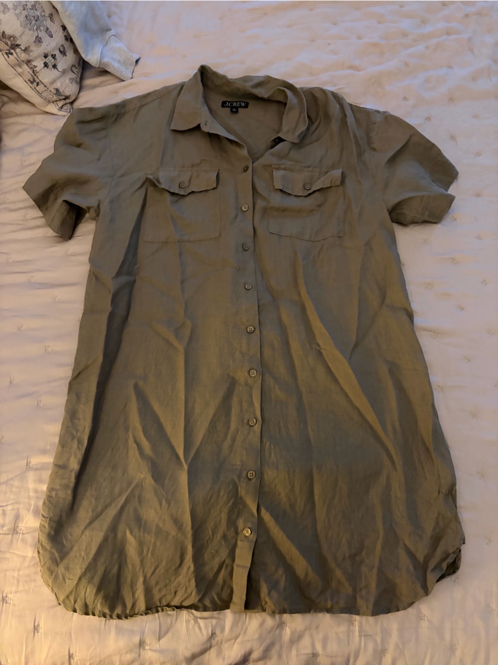 J. Crew Olive Short-Sleeve Button-Front Midi Shirt Dress